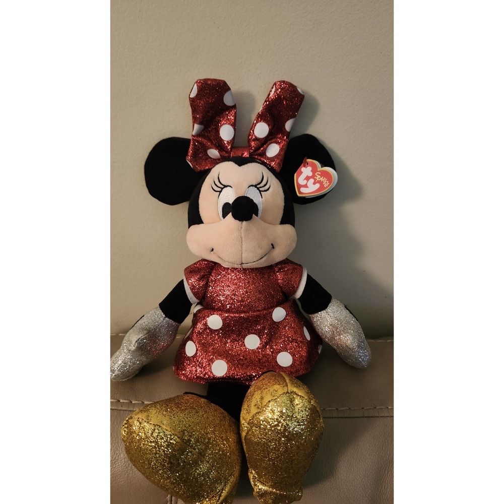 Ty Disney Sparkle Minnie Mouse Medium-13"" Plush Red Polka Dot Dress - EUC